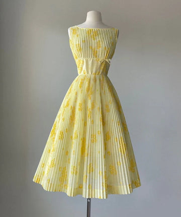 Vintage A Line Yellow Print Floral Chiffon Tea Length Prom Dress Evening Dress HZ1023